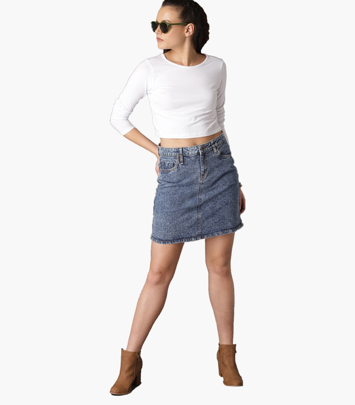 Women-Blue-Solid-Denim-Pencil-Skirt-4