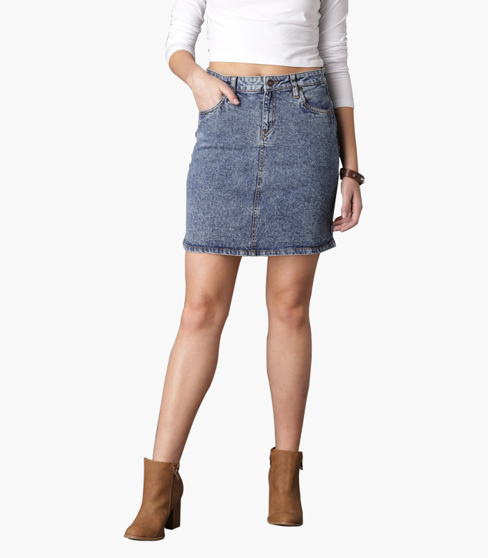 Women-Blue-Solid-Denim-Pencil-Skirt