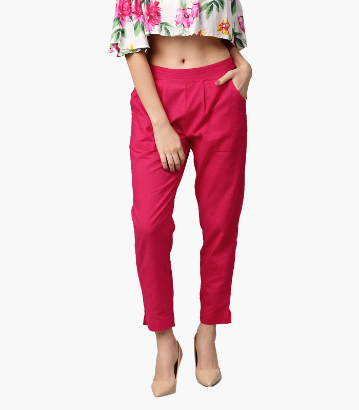 Women-Pink-Solid-Regular-Trousers